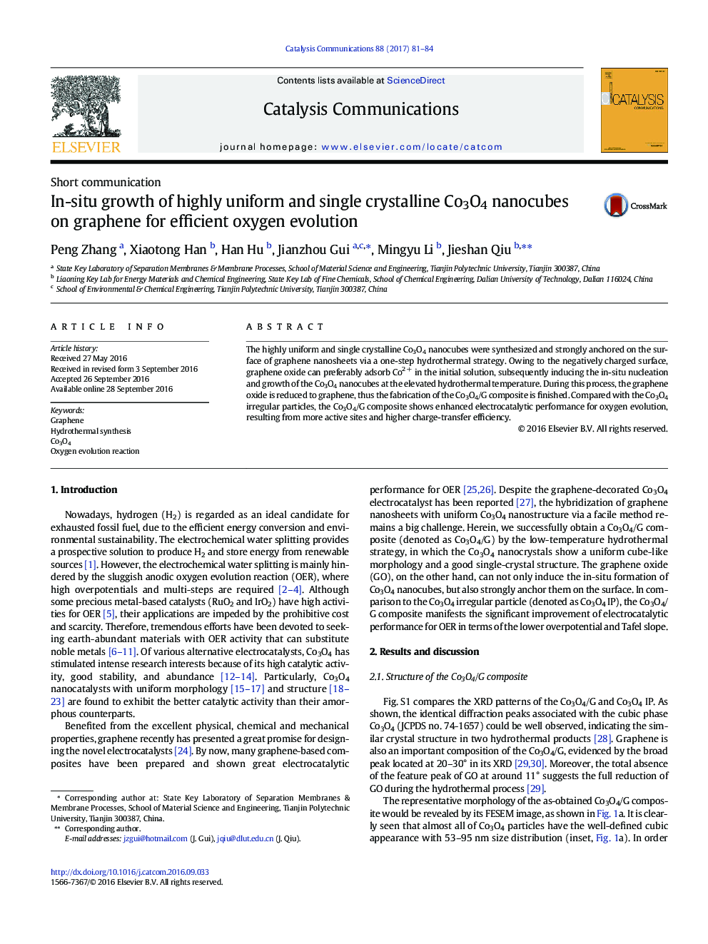 Short communicationIn-situ growth of highly uniform and single crystalline Co3O4 nanocubes on graphene for efficient oxygen evolution
