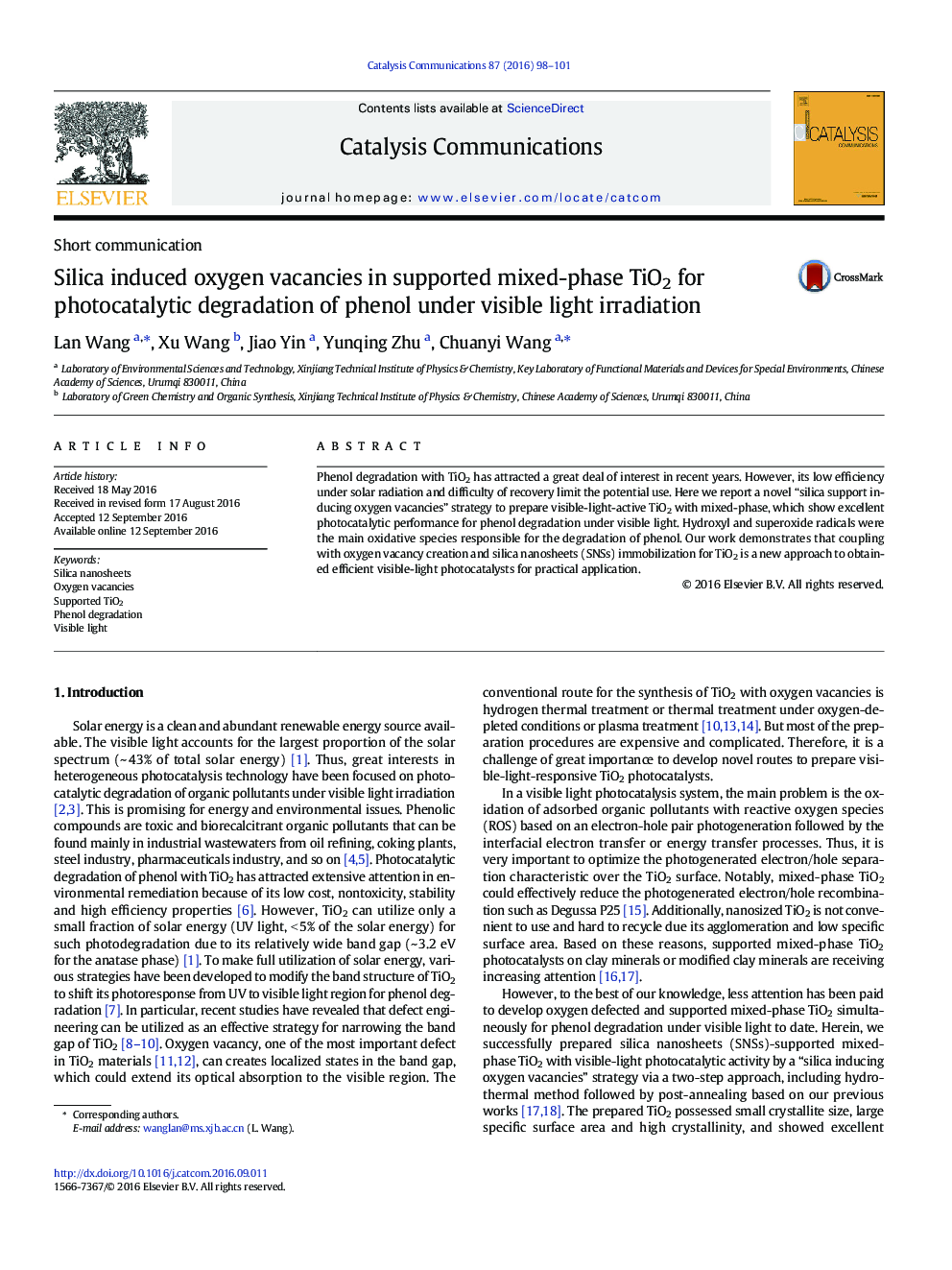 Short communicationSilica induced oxygen vacancies in supported mixed-phase TiO2 for photocatalytic degradation of phenol under visible light irradiation