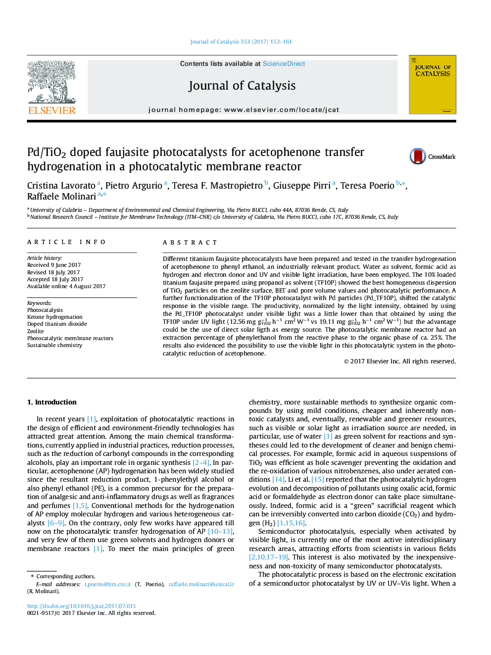 Pd/TiO2 doped faujasite photocatalysts for acetophenone transfer hydrogenation in a photocatalytic membrane reactor