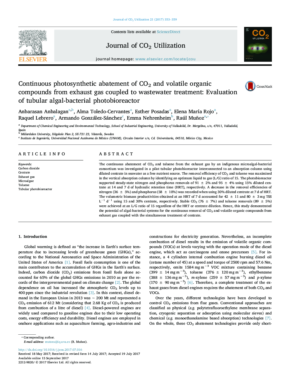 Continuous photosynthetic abatement of CO2 and volatile organic compounds from exhaust gas coupled to wastewater treatment: Evaluation of tubular algal-bacterial photobioreactor