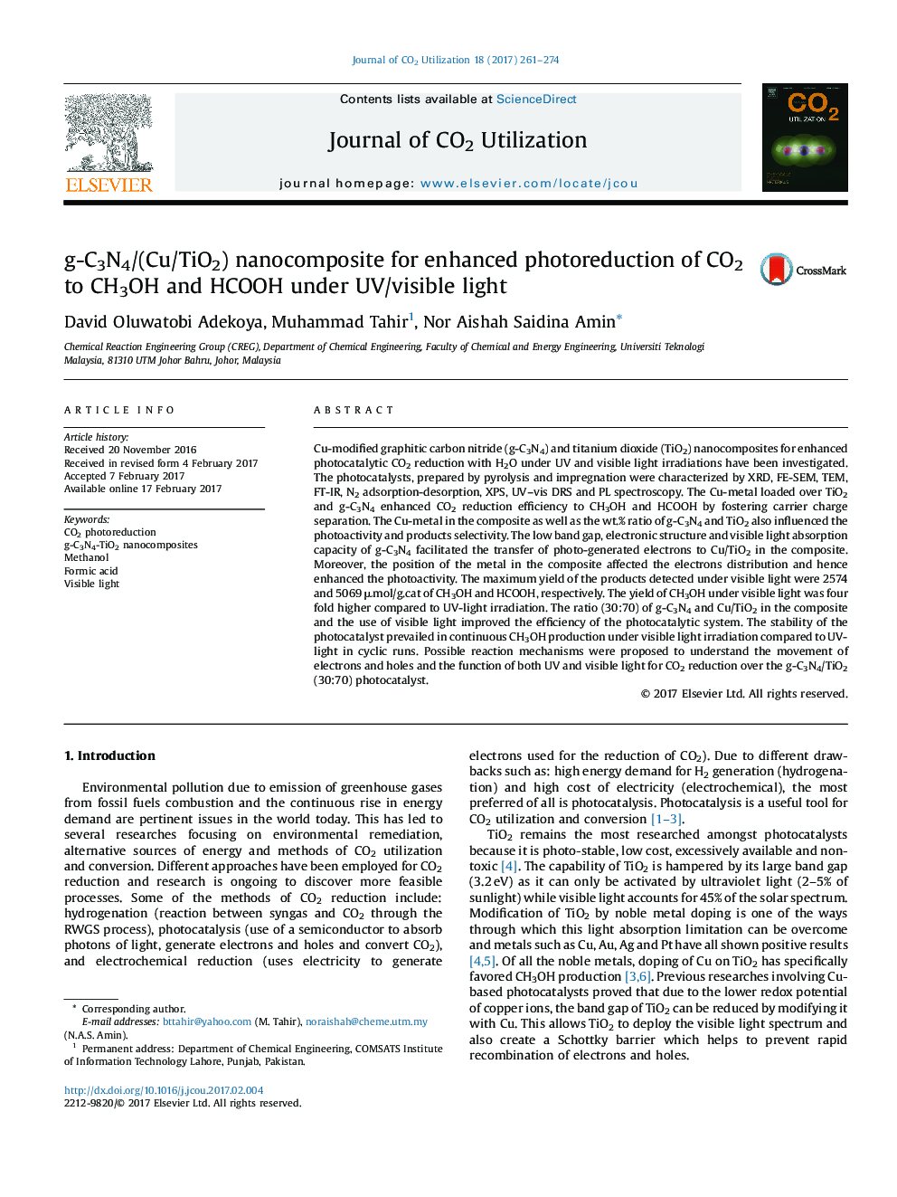 نانوکامپوزیت g-C3N4 / (Cu / TiO2) برای photoreduction افزایش یافته CO2 به CH3OH و HCOOH تحت UV/نور مرئی