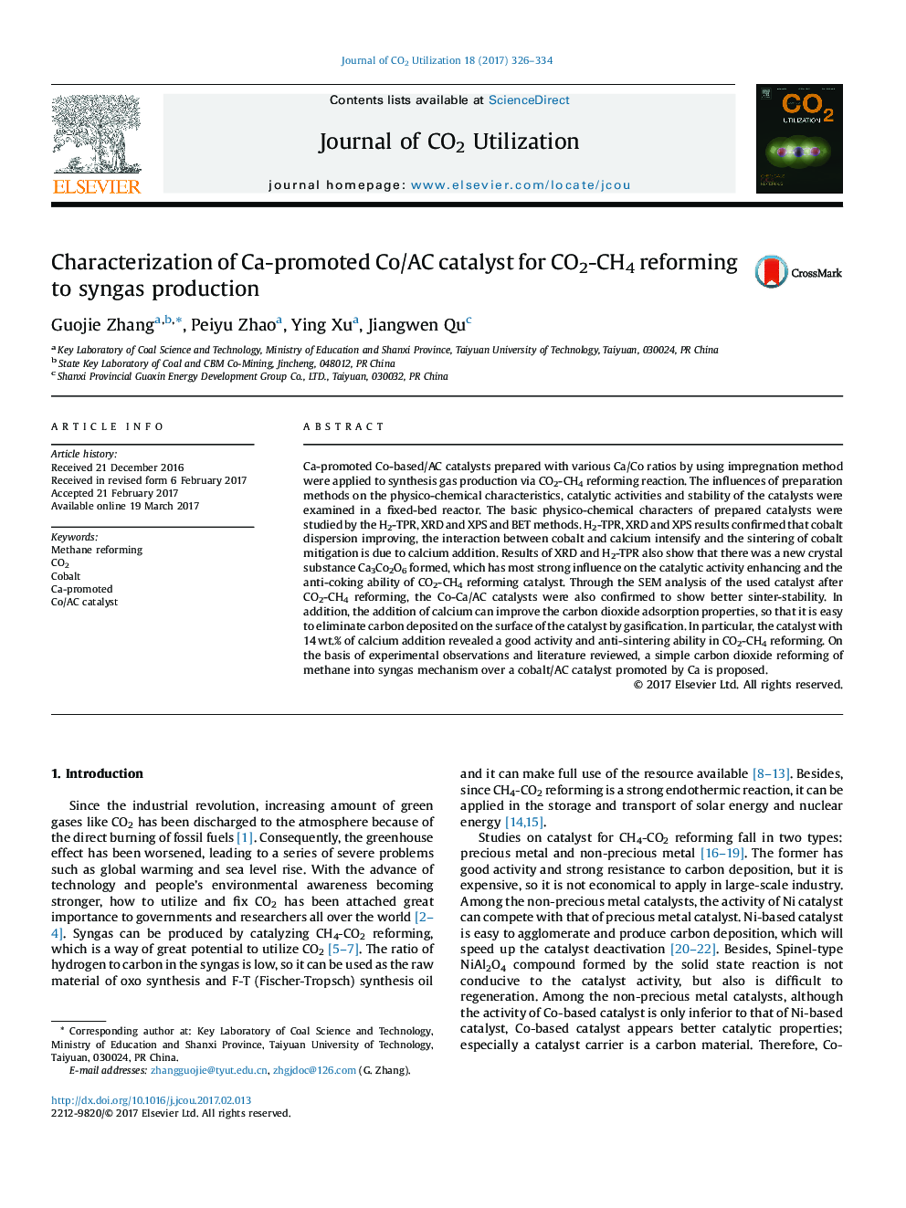 Characterization of Ca-promoted Co/AC catalyst for CO2-CH4 reforming to syngas production