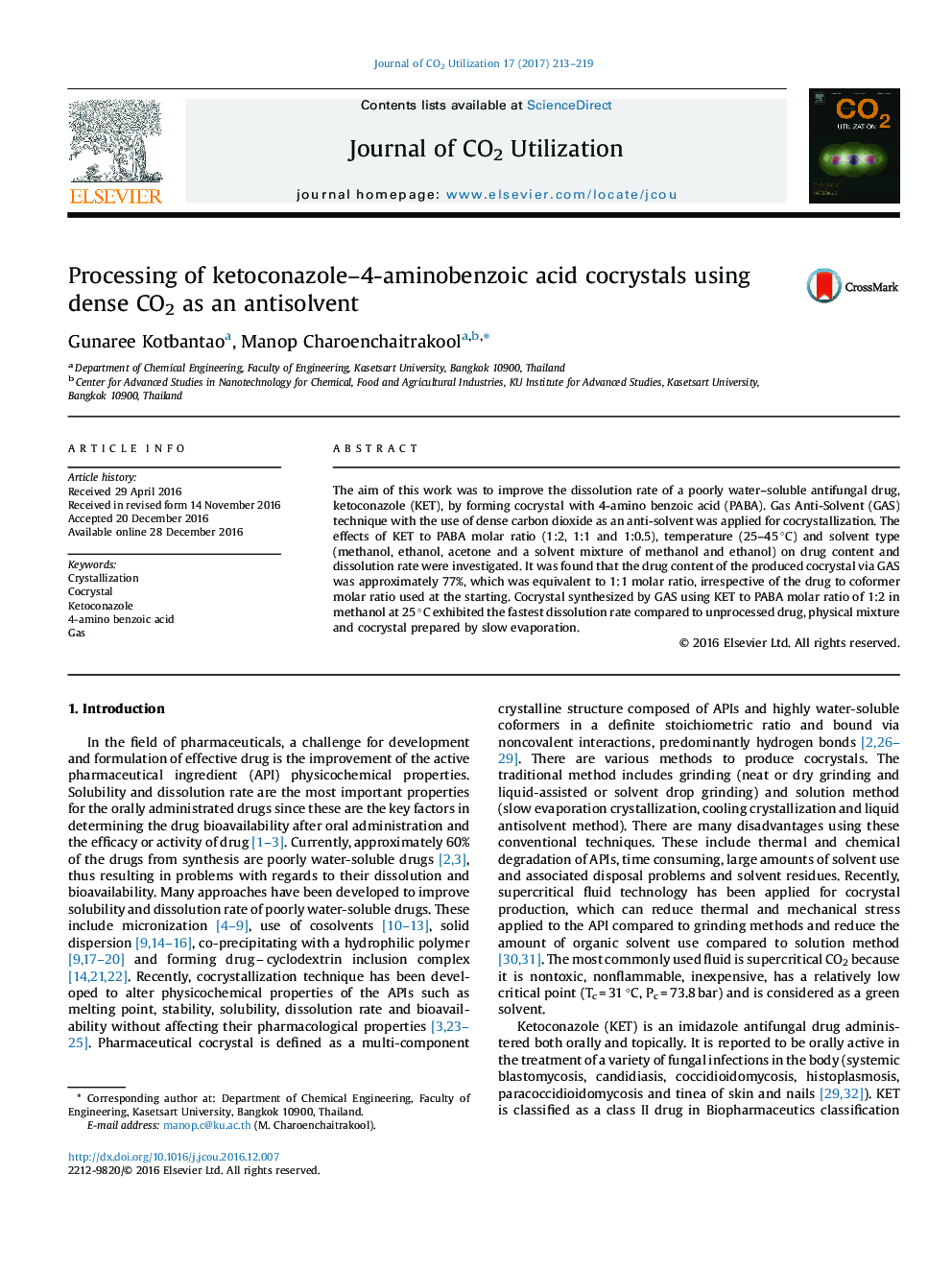 Processing of ketoconazole-4-aminobenzoic acid cocrystals using dense CO2 as an antisolvent