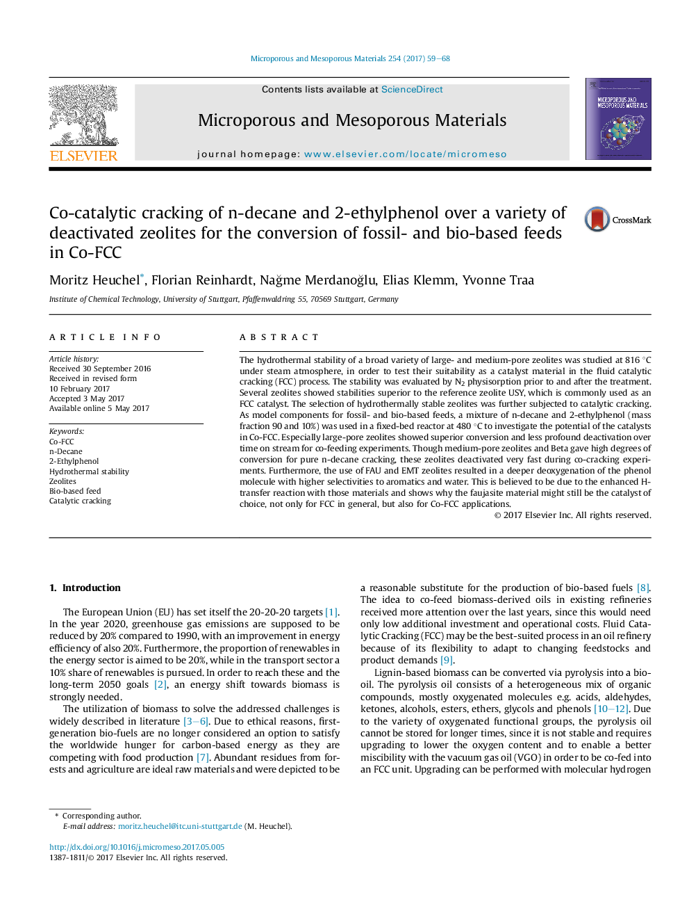 Co-catalytic cracking of n-decane and 2-ethylphenol over a variety of deactivated zeolites for the conversion of fossil- and bio-based feeds in Co-FCC