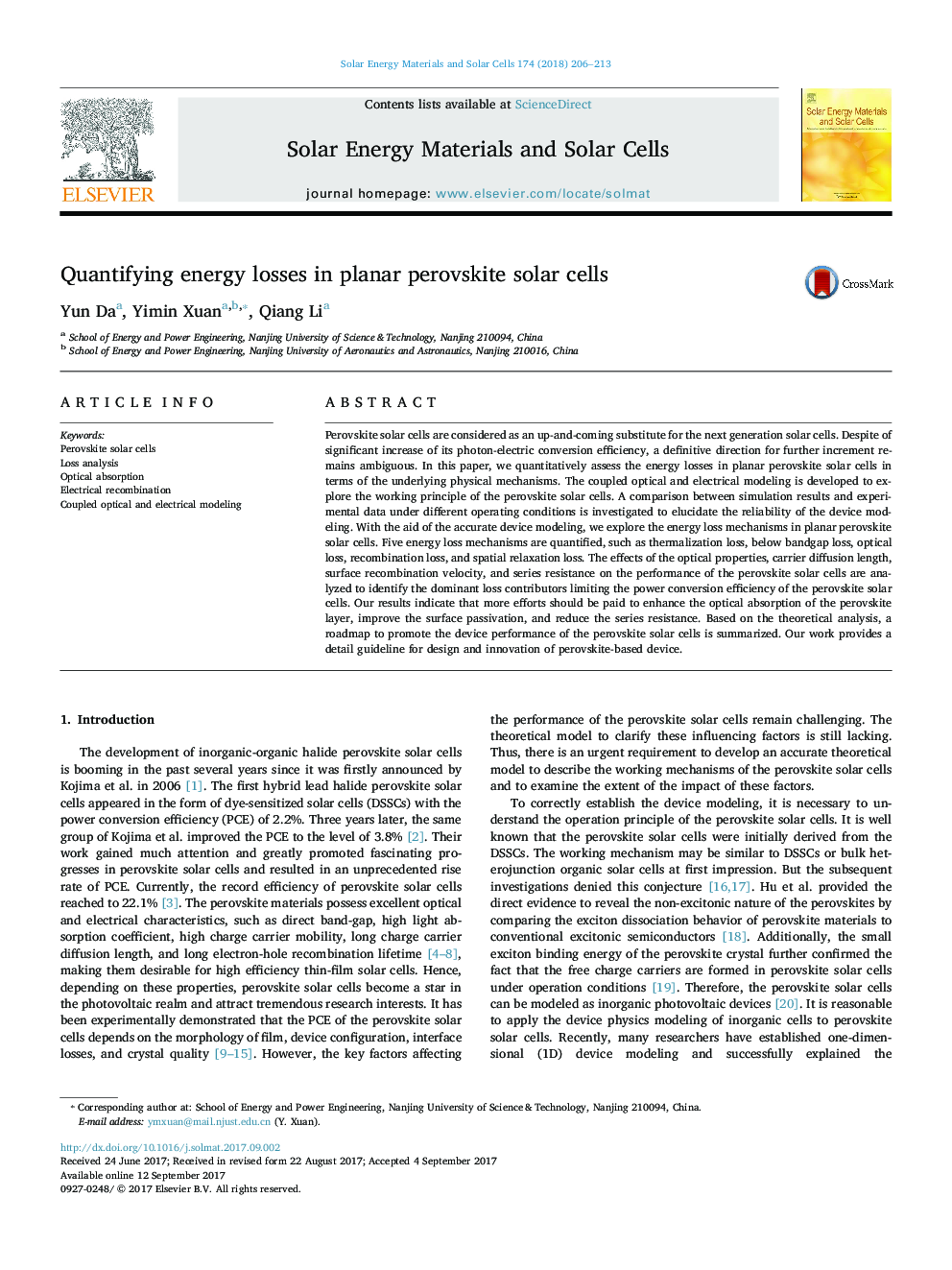کمیت تلفات انرژی در مسطح پروسکایت سلول های خورشیدی