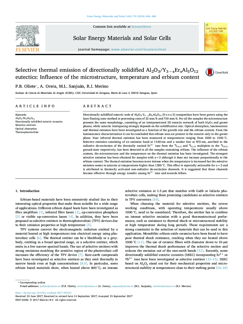 Selective thermal emission of directionally solidified Al2O3/Y3âxErxAl5O12 eutectics: Influence of the microstructure, temperature and erbium content