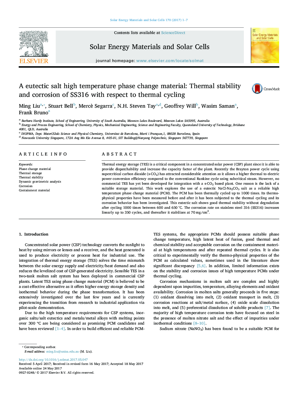 A eutectic salt high temperature phase change material: Thermal stability and corrosion of SS316 with respect to thermal cycling