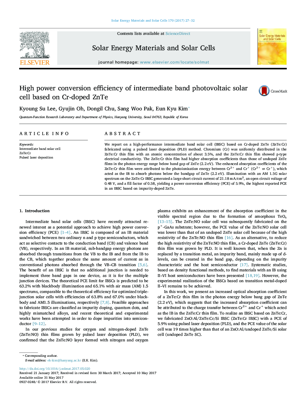 High power conversion efficiency of intermediate band photovoltaic solar cell based on Cr-doped ZnTe