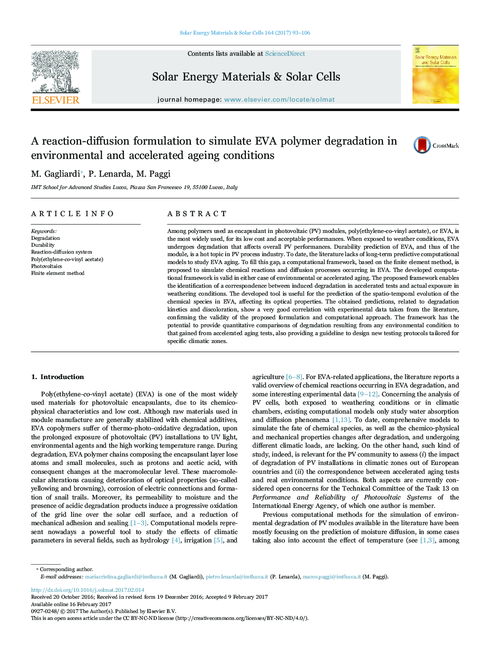 A reaction-diffusion formulation to simulate EVA polymer degradation in environmental and accelerated ageing conditions