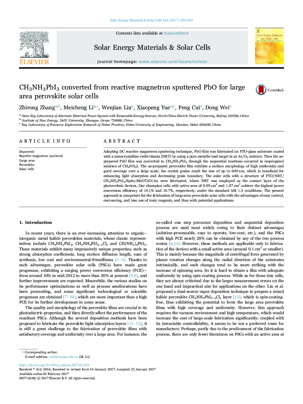 CH3NH3PbI3 converted from reactive magnetron sputtered PbO for large area perovskite solar cells