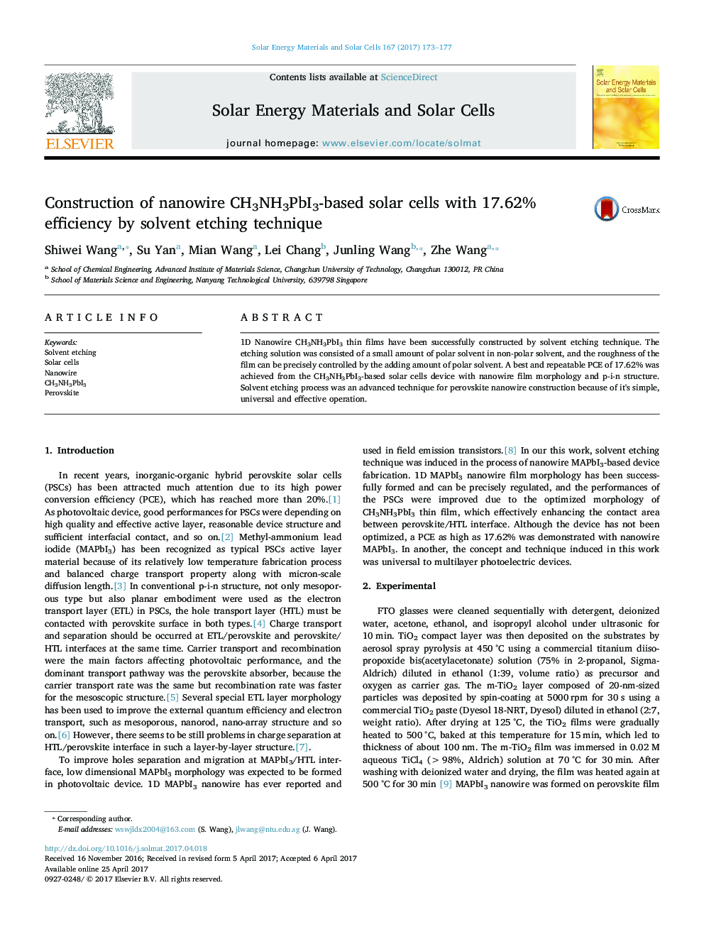 Construction of nanowire CH3NH3PbI3-based solar cells with 17.62% efficiency by solvent etching technique