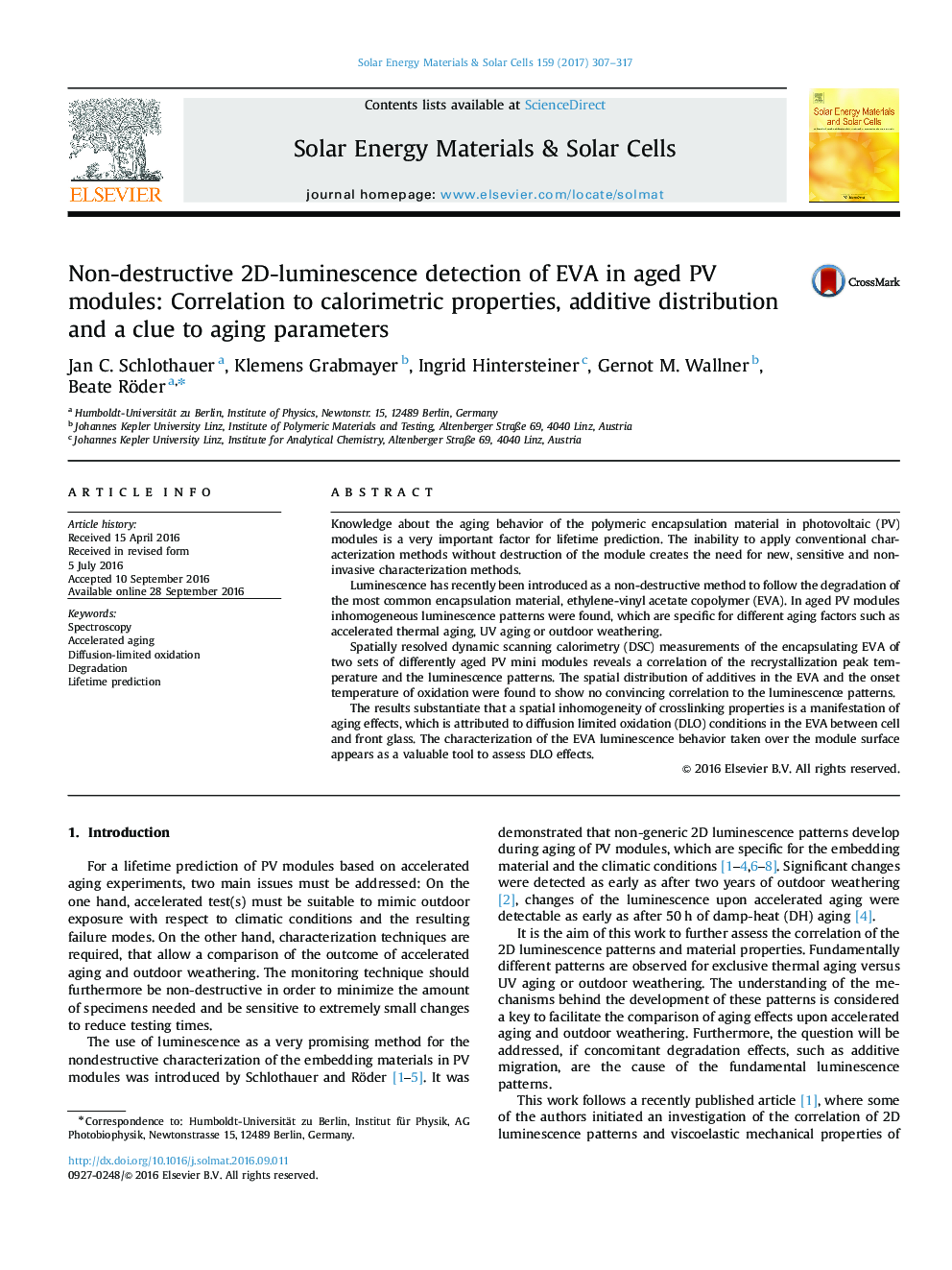 Non-destructive 2D-luminescence detection of EVA in aged PV modules: Correlation to calorimetric properties, additive distribution and a clue to aging parameters