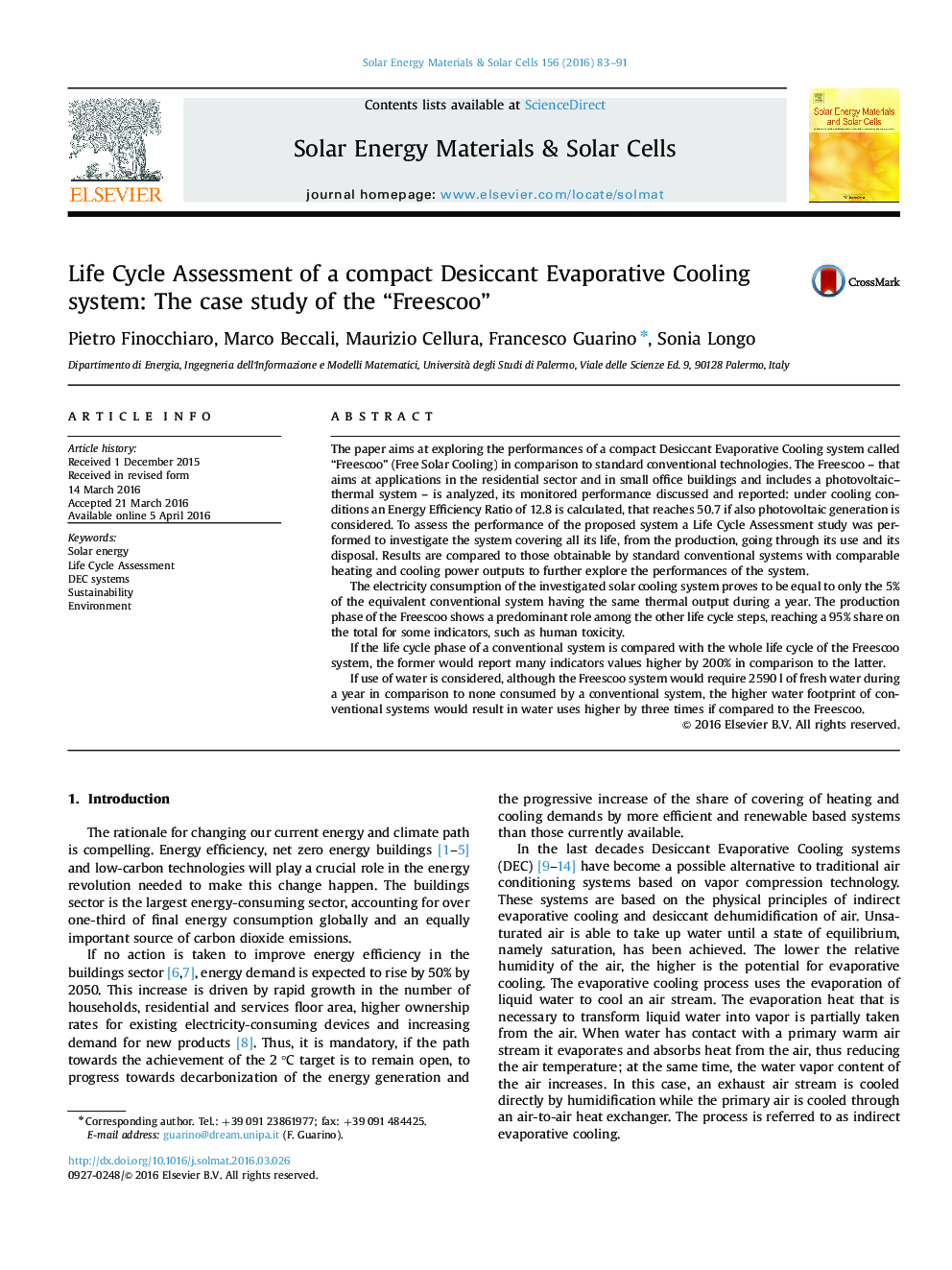 Life Cycle Assessment of a compact Desiccant Evaporative Cooling system: The case study of the “Freescoo”