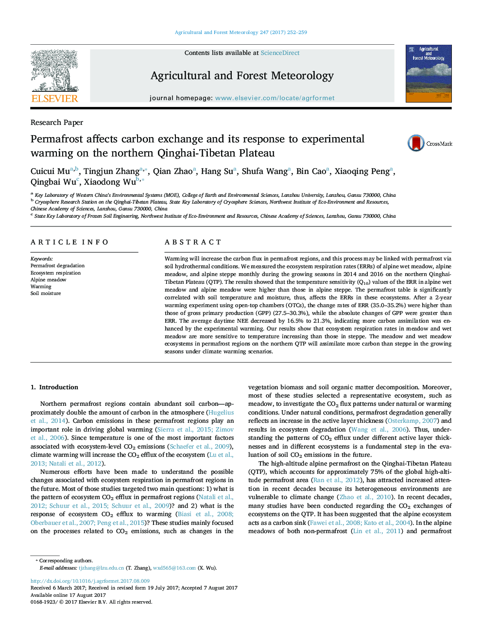 Research PaperPermafrost affects carbon exchange and its response to experimental warming on the northern Qinghai-Tibetan Plateau