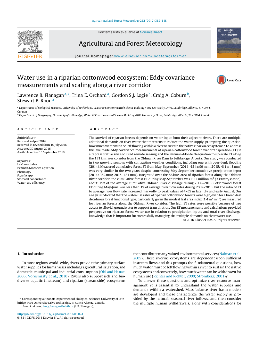 Water use in a riparian cottonwood ecosystem: Eddy covariance measurements and scaling along a river corridor