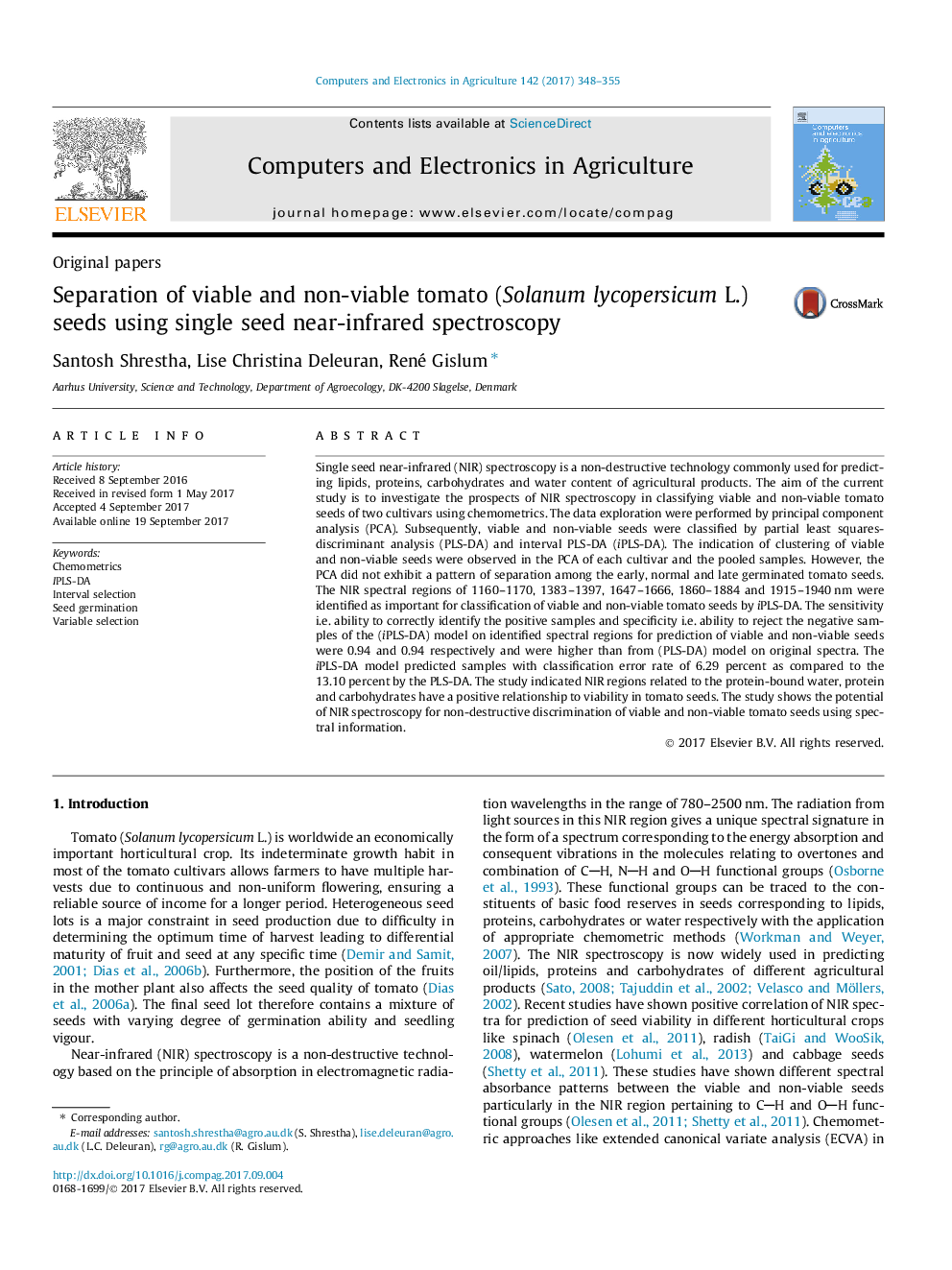 Separation of viable and non-viable tomato (Solanum lycopersicum L.) seeds using single seed near-infrared spectroscopy