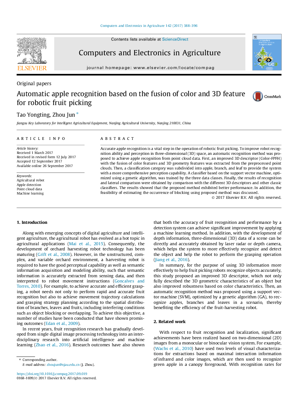 Automatic apple recognition based on the fusion of color and 3D feature for robotic fruit picking