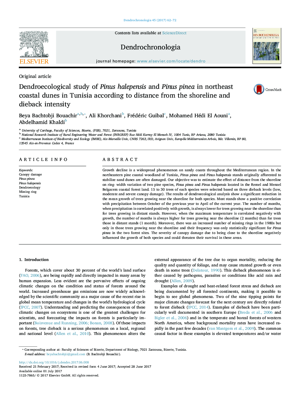 Dendroecological study of Pinus halepensis and Pinus pinea in northeast coastal dunes in Tunisia according to distance from the shoreline and dieback intensity