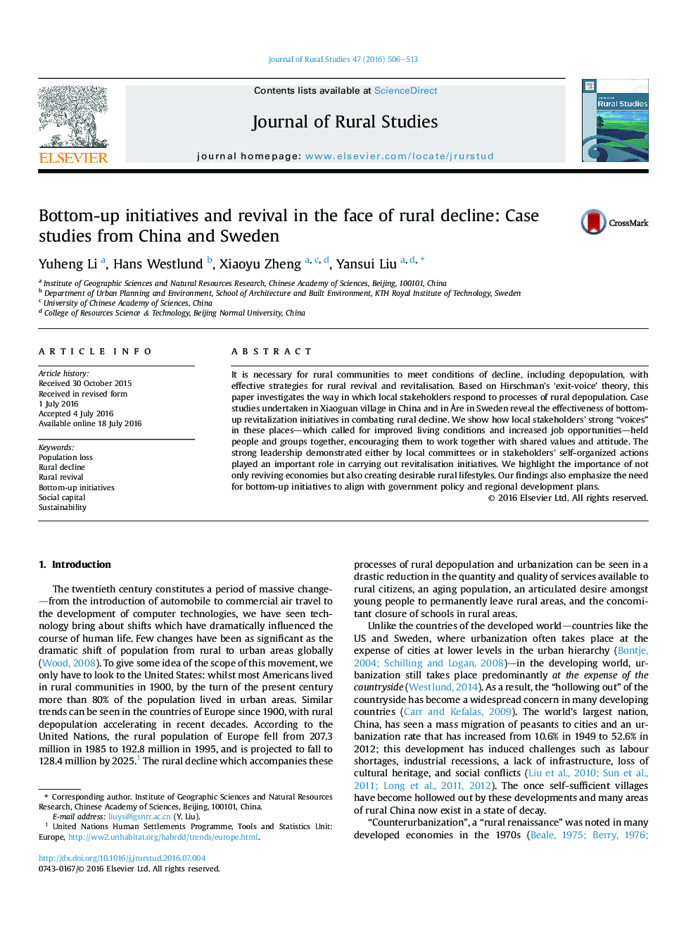 طرح های پایین به بالا و احیا در مواجهه با کاهش روستایی: مطالعات موردی از چین و سوئد