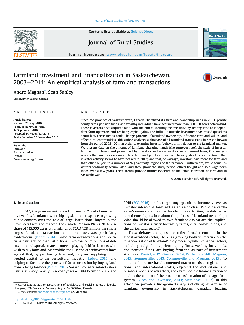 سرمایه گذاری و مالی سازی زمین های کشاورزی در ساسکاچوان، 2003 و 2014: تحلیل تجربی از معاملات زمین های کشاورزی