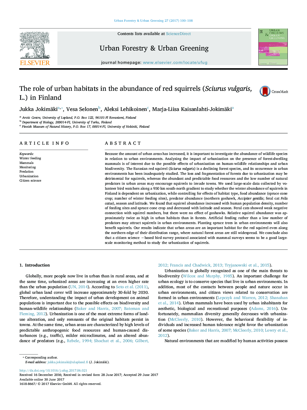 The role of urban habitats in the abundance of red squirrels (Sciurus vulgaris, L.) in Finland