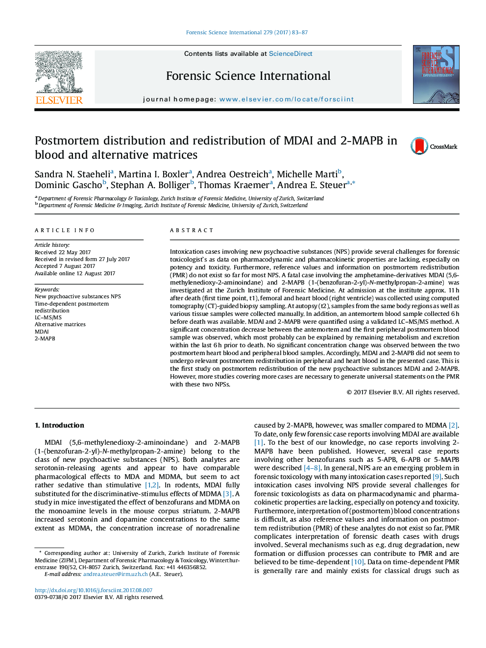 Postmortem distribution and redistribution of MDAI and 2-MAPB in blood and alternative matrices