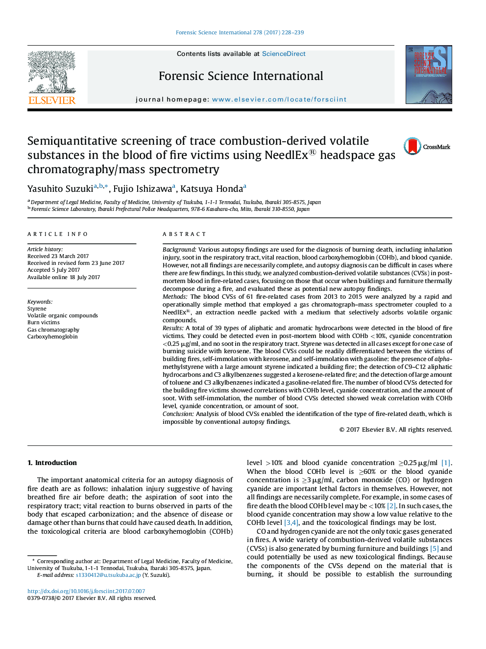 Semiquantitative screening of trace combustion-derived volatile substances in the blood of fire victims using NeedlEx® headspace gas chromatography/mass spectrometry