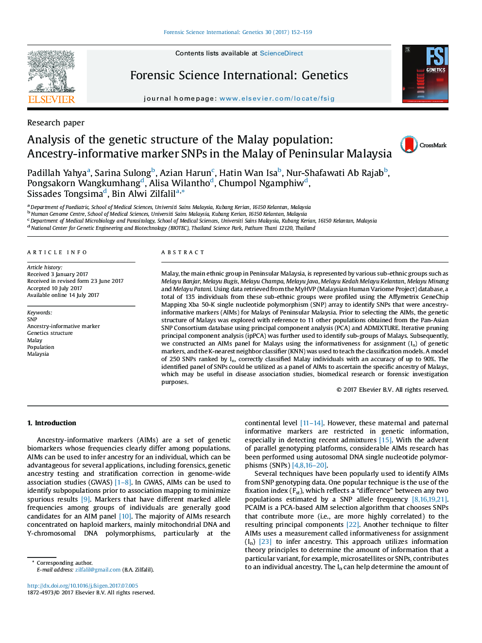 Analysis of the genetic structure of the Malay population: Ancestry-informative marker SNPs in the Malay of Peninsular Malaysia