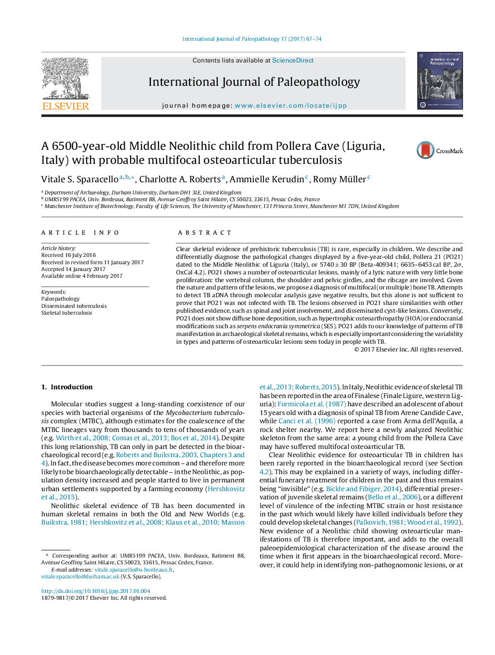 A 6500-year-old Middle Neolithic child from Pollera Cave (Liguria, Italy) with probable multifocal osteoarticular tuberculosis