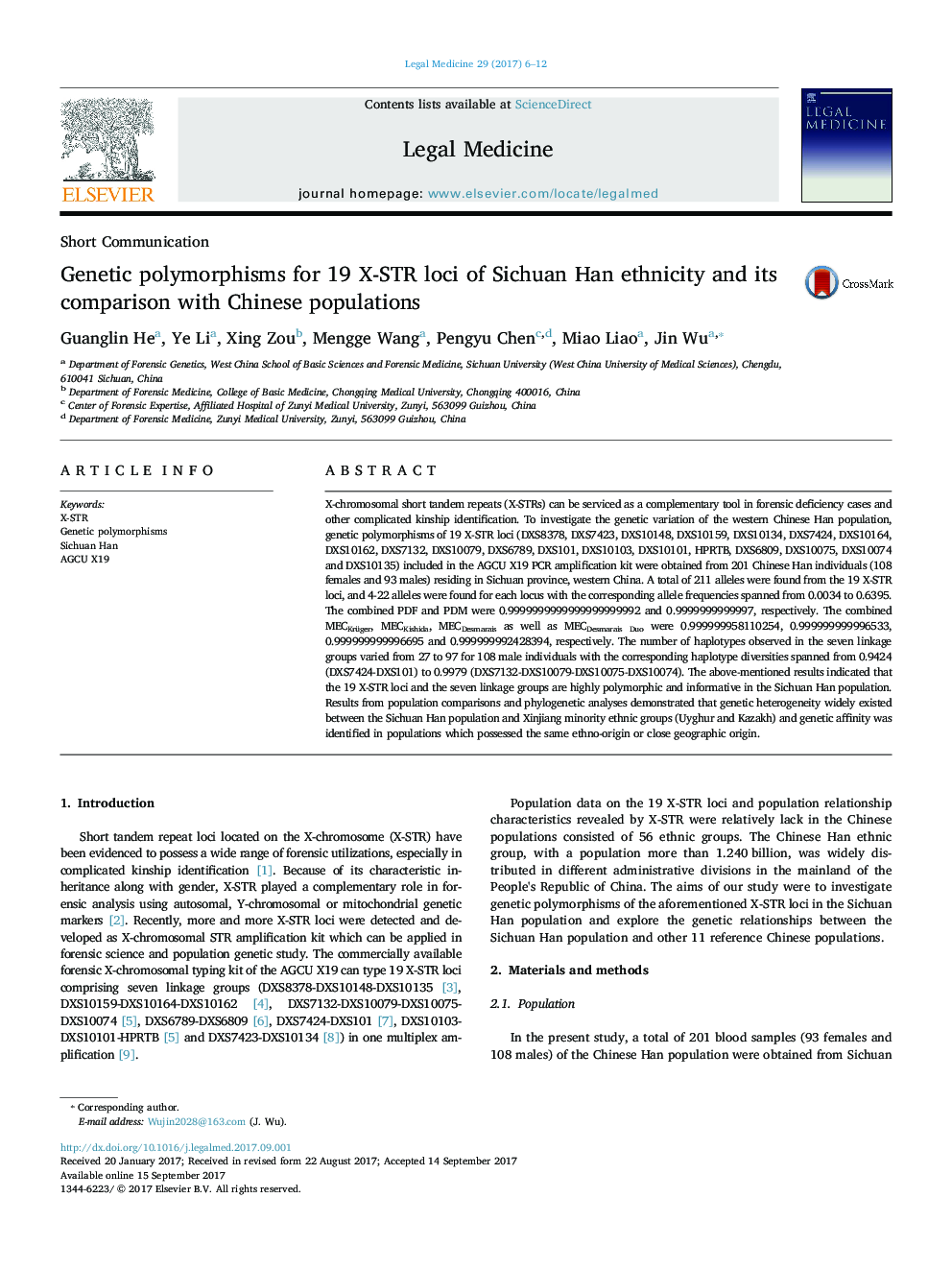 Genetic polymorphisms for 19 X-STR loci of Sichuan Han ethnicity and its comparison with Chinese populations