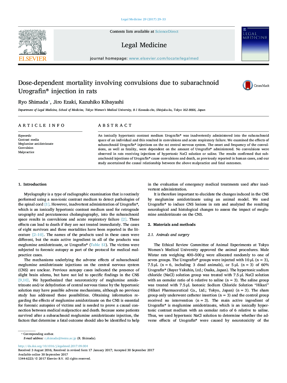 Dose-dependent mortality involving convulsions due to subarachnoid Urografin® injection in rats