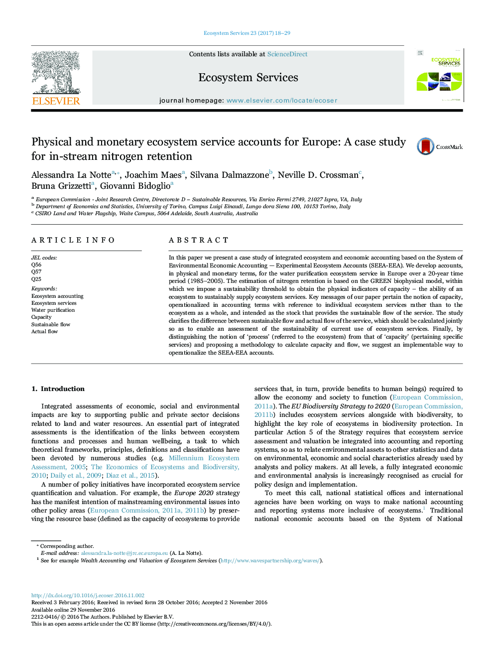 حساب های خدمات اکوسیستم فیزیکی و پولی برای اروپا: مطالعه موردی برای احتباس نیتروژن در جریان
