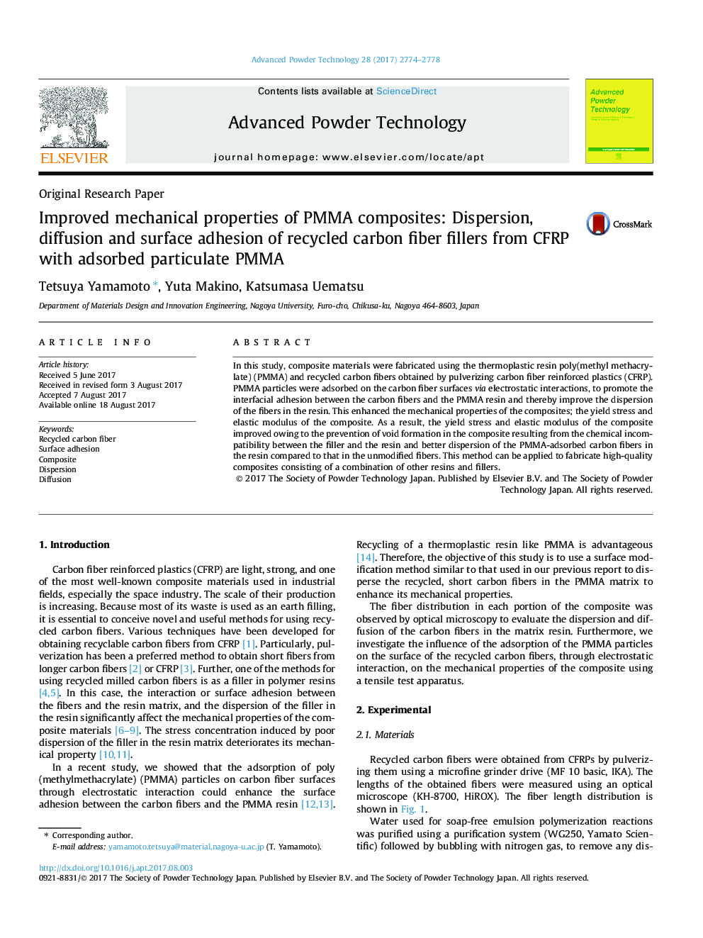 Improved mechanical properties of PMMA composites: Dispersion, diffusion and surface adhesion of recycled carbon fiber fillers from CFRP with adsorbed particulate PMMA