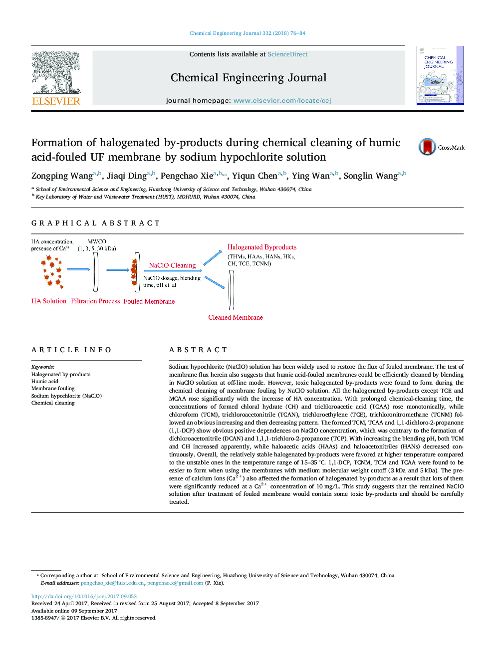 Formation of halogenated by-products during chemical cleaning of humic acid-fouled UF membrane by sodium hypochlorite solution