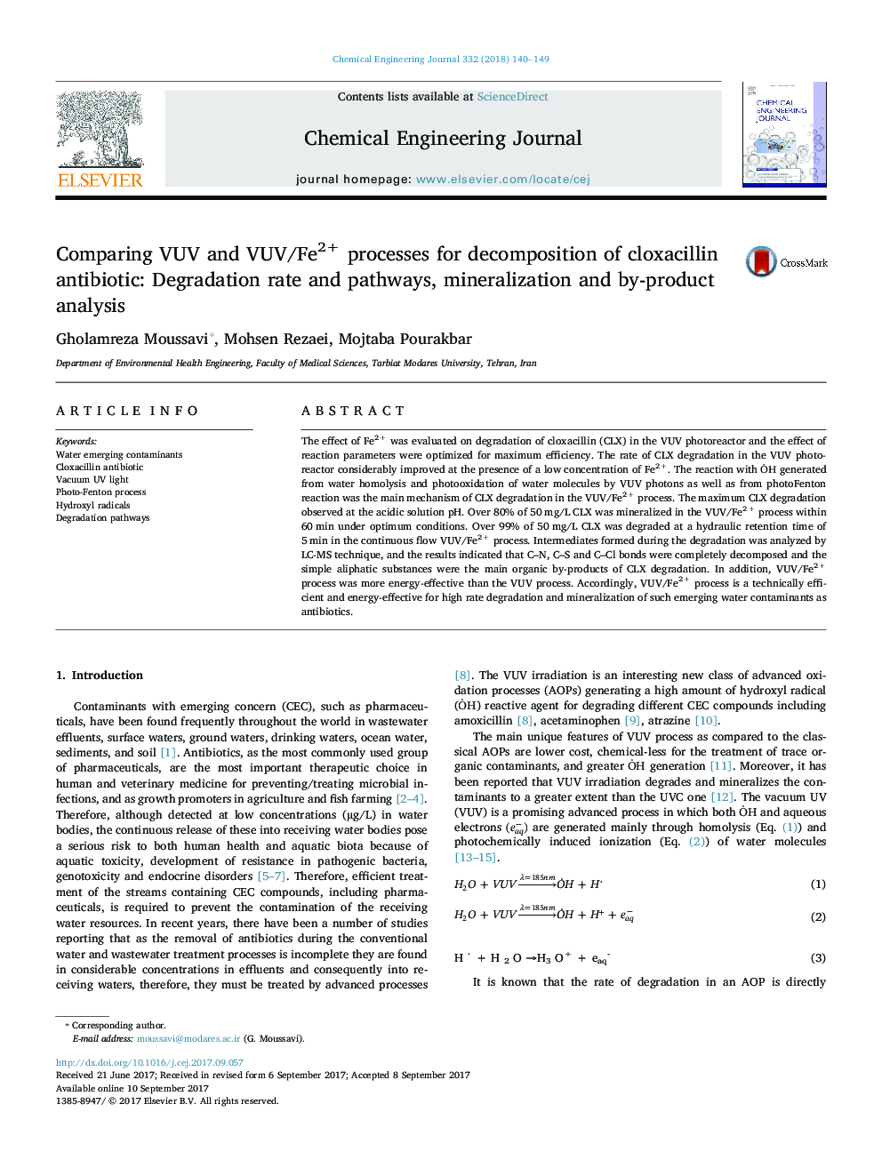 Comparing VUV and VUV/Fe2+ processes for decomposition of cloxacillin antibiotic: Degradation rate and pathways, mineralization and by-product analysis