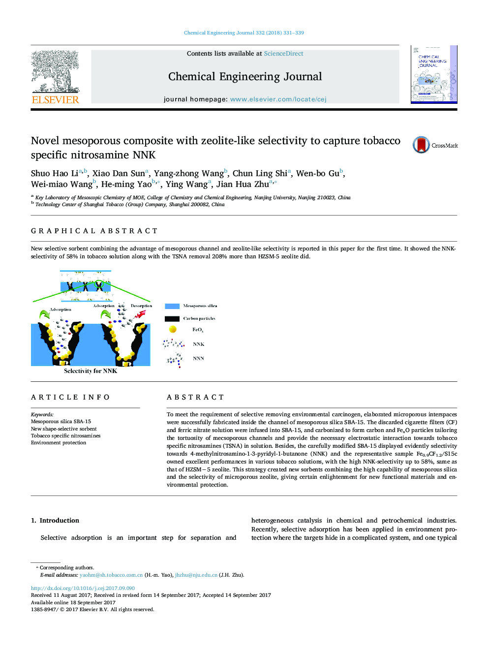 Novel mesoporous composite with zeolite-like selectivity to capture tobacco specific nitrosamine NNK