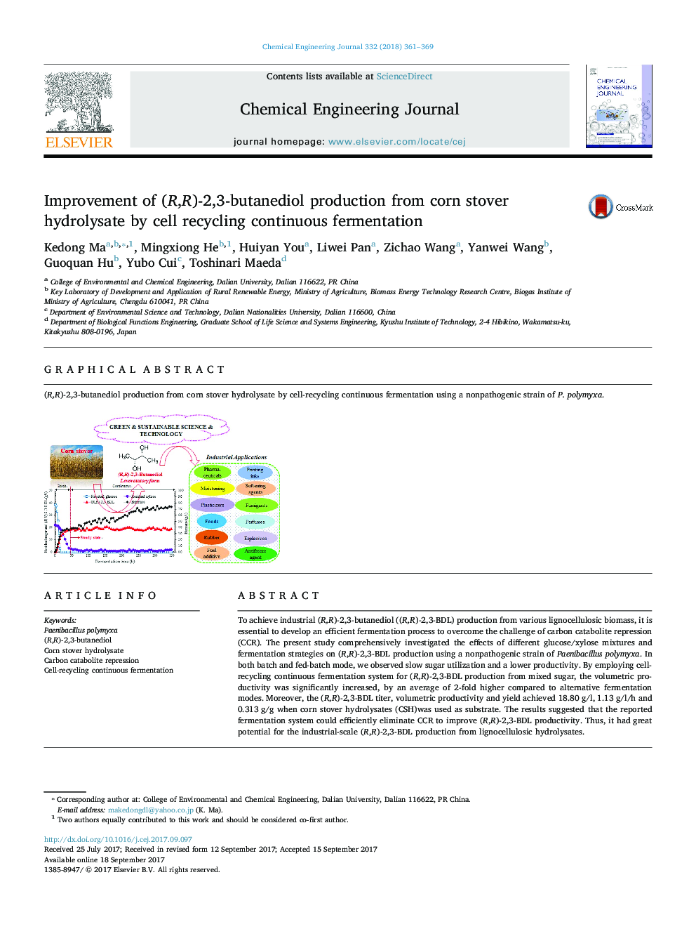 Improvement of (R,R)-2,3-butanediol production from corn stover hydrolysate by cell recycling continuous fermentation