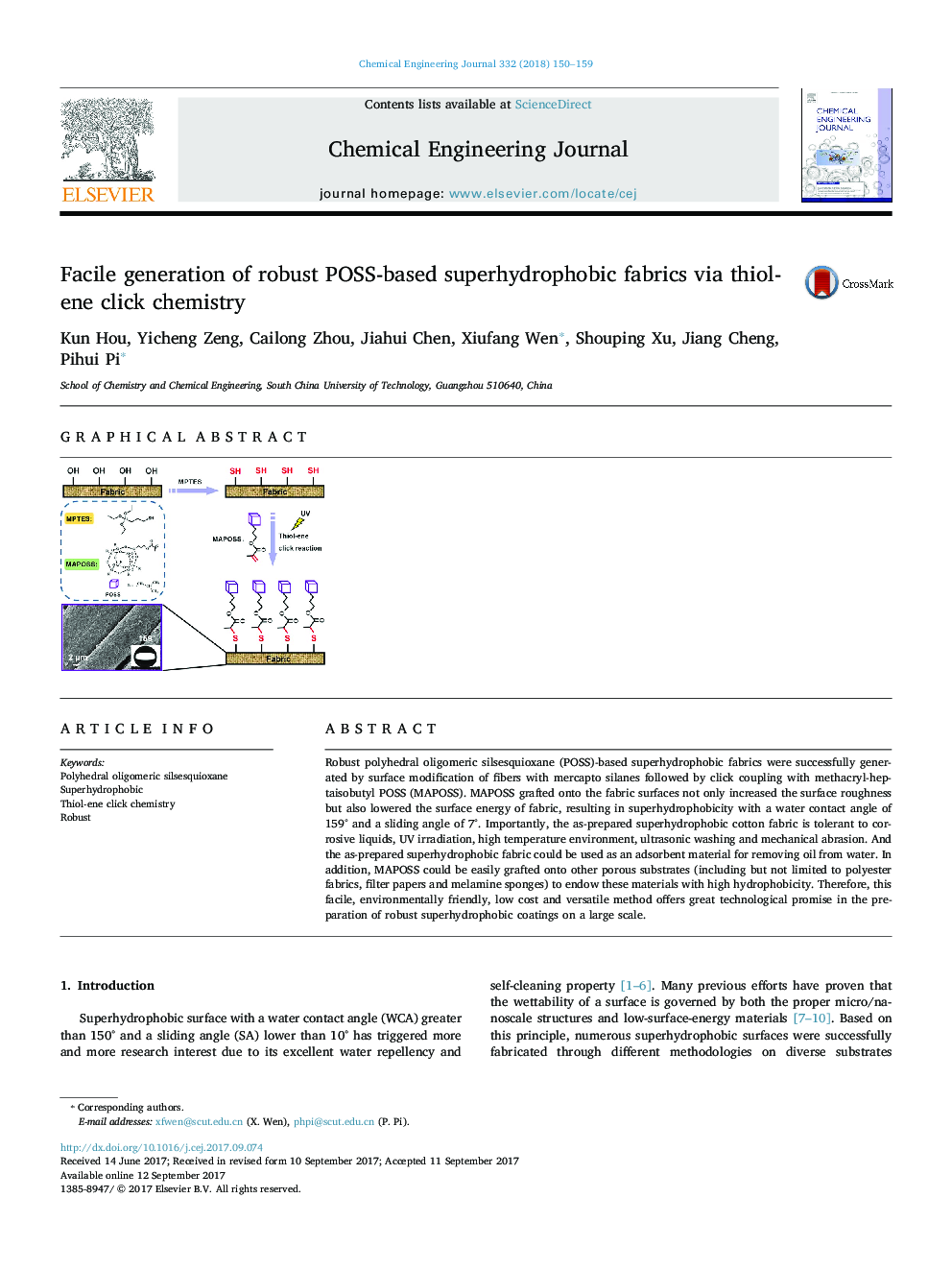 Facile generation of robust POSS-based superhydrophobic fabrics via thiol-ene click chemistry