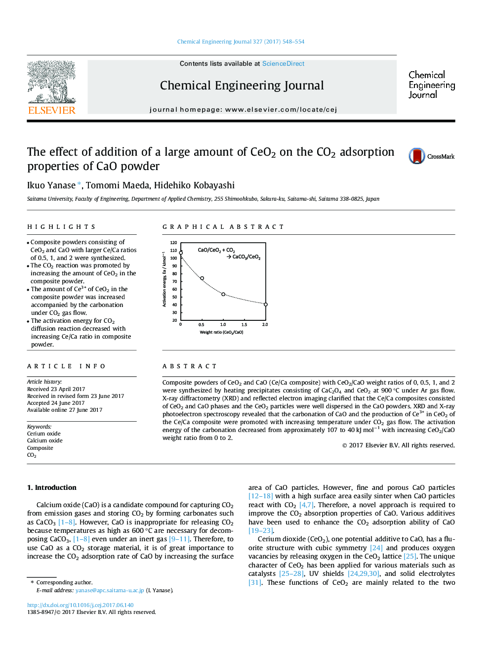 The effect of addition of a large amount of CeO2 on the CO2 adsorption properties of CaO powder
