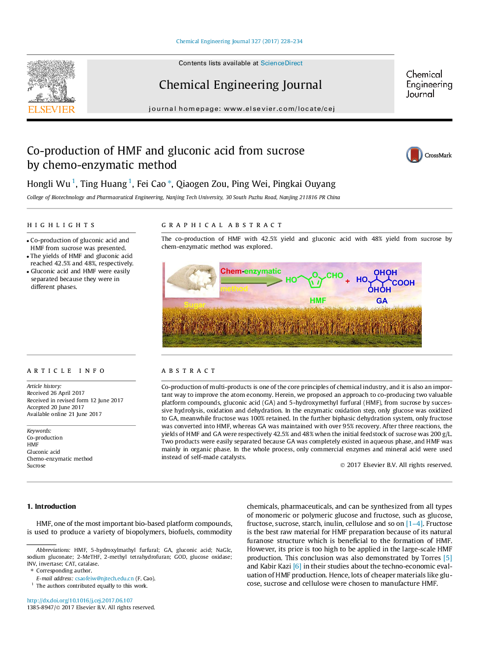 Co-production of HMF and gluconic acid from sucrose by chemo-enzymatic method