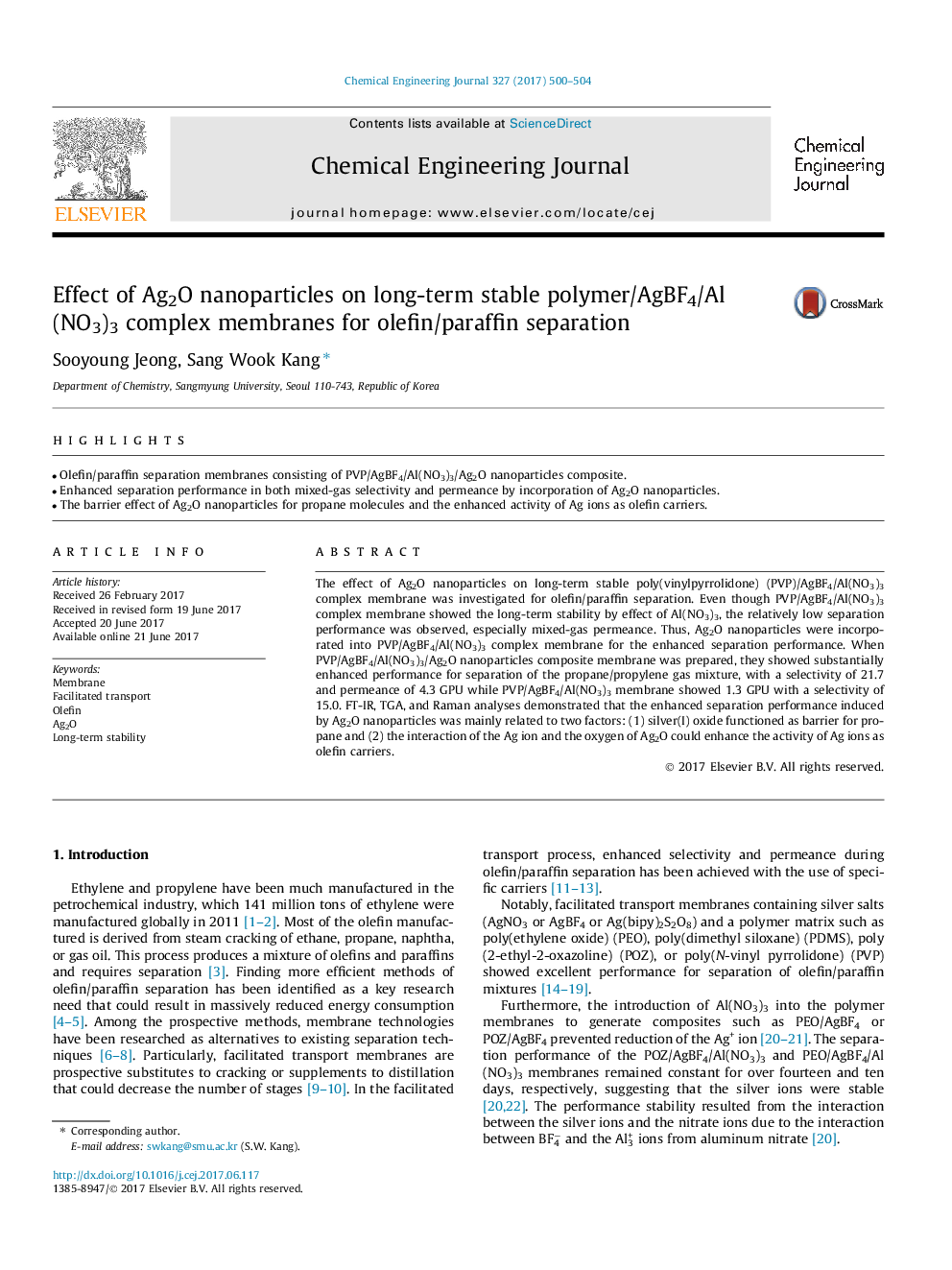 Effect of Ag2O nanoparticles on long-term stable polymer/AgBF4/Al(NO3)3 complex membranes for olefin/paraffin separation