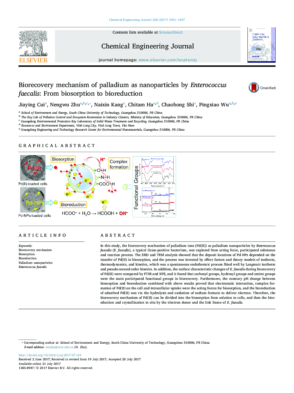 Biorecovery mechanism of palladium as nanoparticles by Enterococcus faecalis: From biosorption to bioreduction