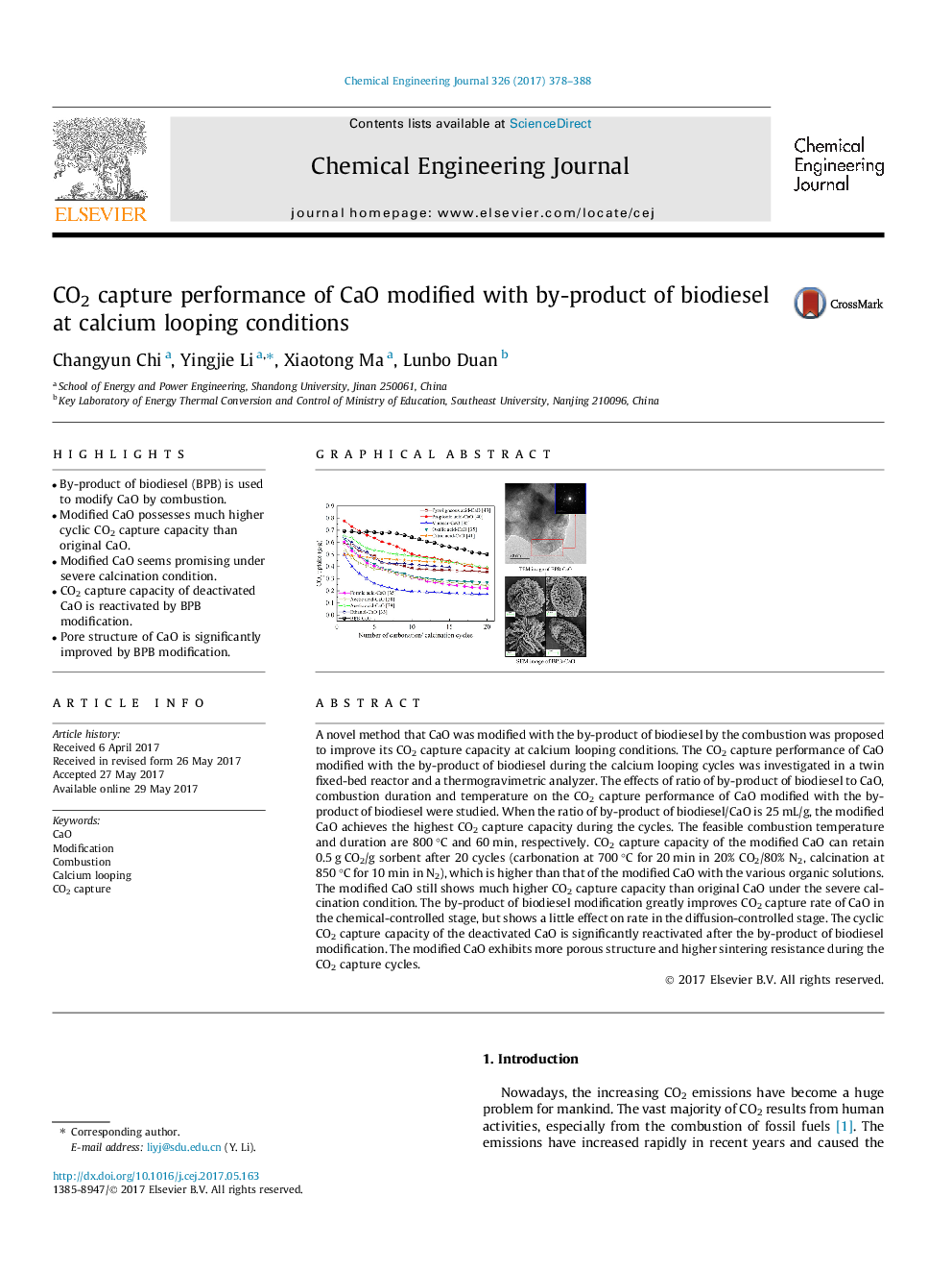 CO2 capture performance of CaO modified with by-product of biodiesel at calcium looping conditions