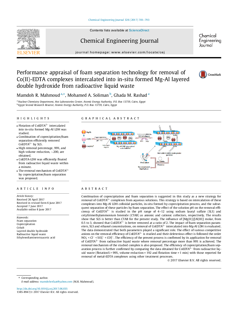 Performance appraisal of foam separation technology for removal of Co(II)-EDTA complexes intercalated into in-situ formed Mg-Al layered double hydroxide from radioactive liquid waste