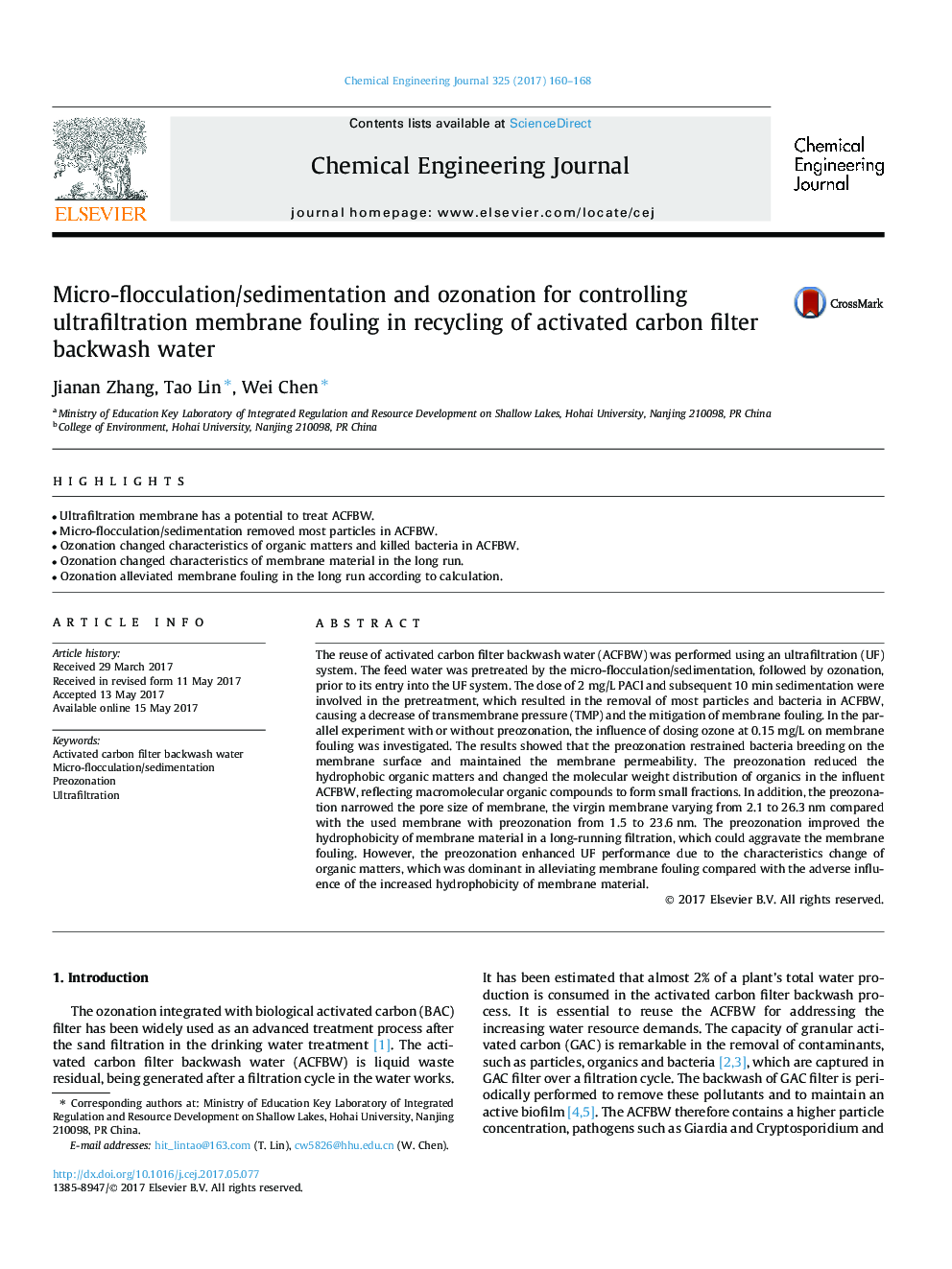 Micro-flocculation/sedimentation and ozonation for controlling ultrafiltration membrane fouling in recycling of activated carbon filter backwash water