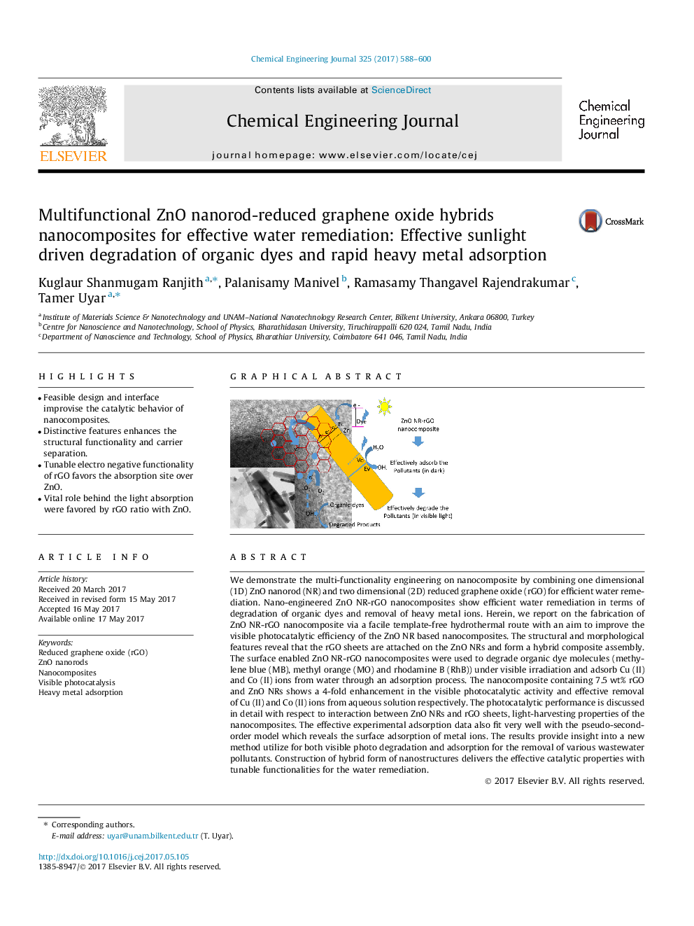 Multifunctional ZnO nanorod-reduced graphene oxide hybrids nanocomposites for effective water remediation: Effective sunlight driven degradation of organic dyes and rapid heavy metal adsorption