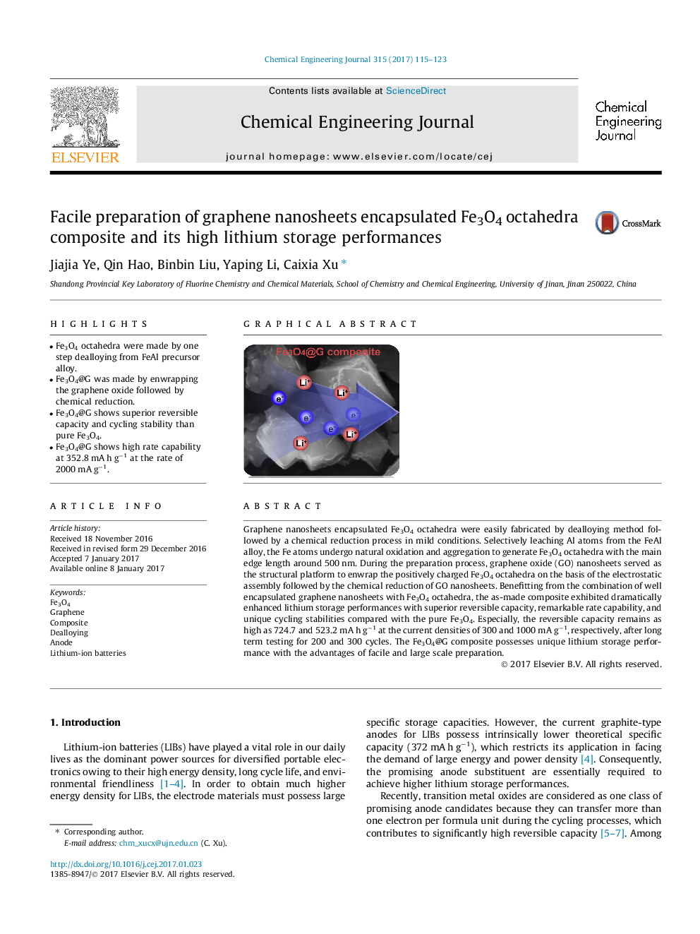 Facile preparation of graphene nanosheets encapsulated Fe3O4 octahedra composite and its high lithium storage performances