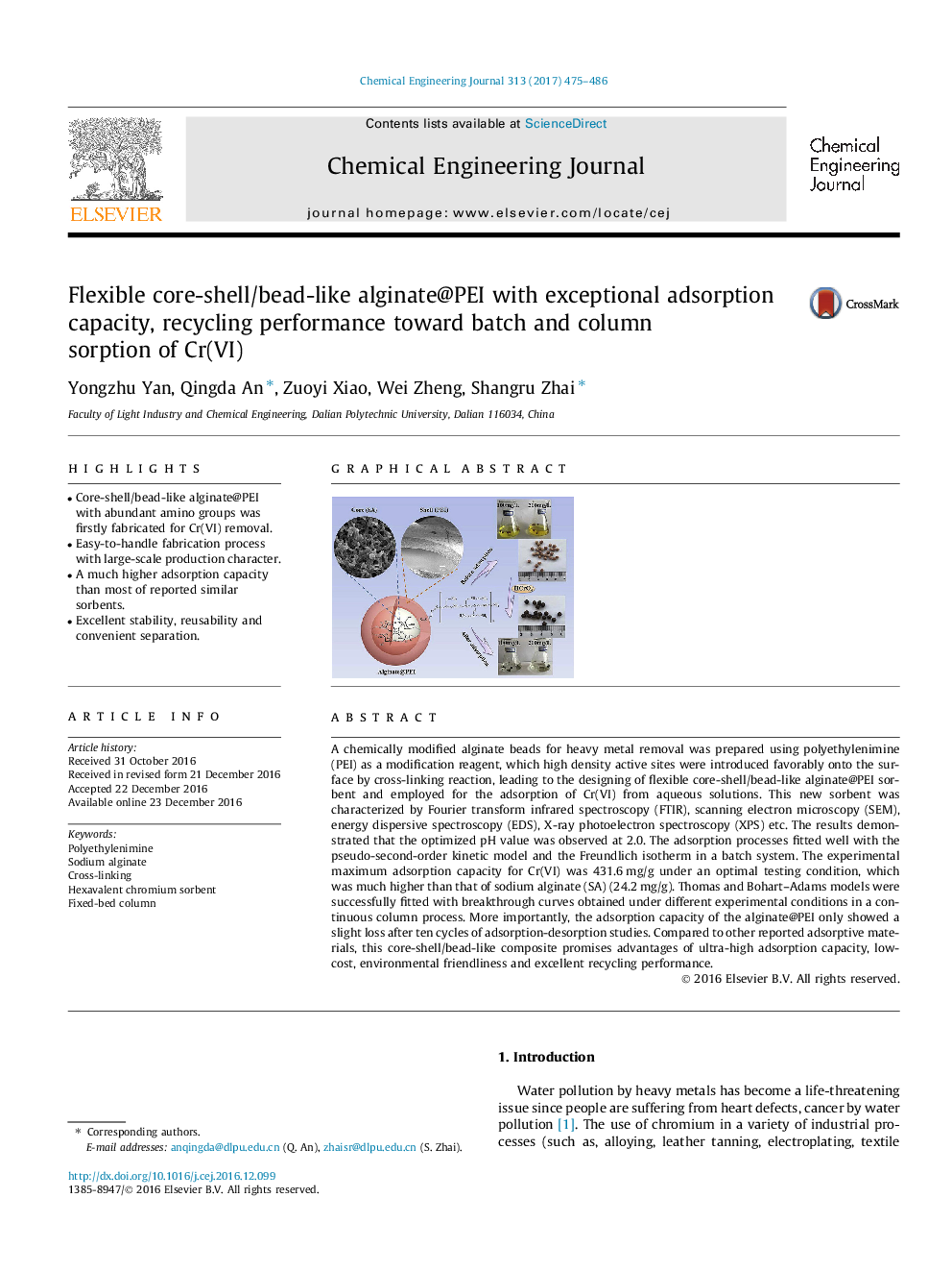 Flexible core-shell/bead-like alginate@PEI with exceptional adsorption capacity, recycling performance toward batch and column sorption of Cr(VI)