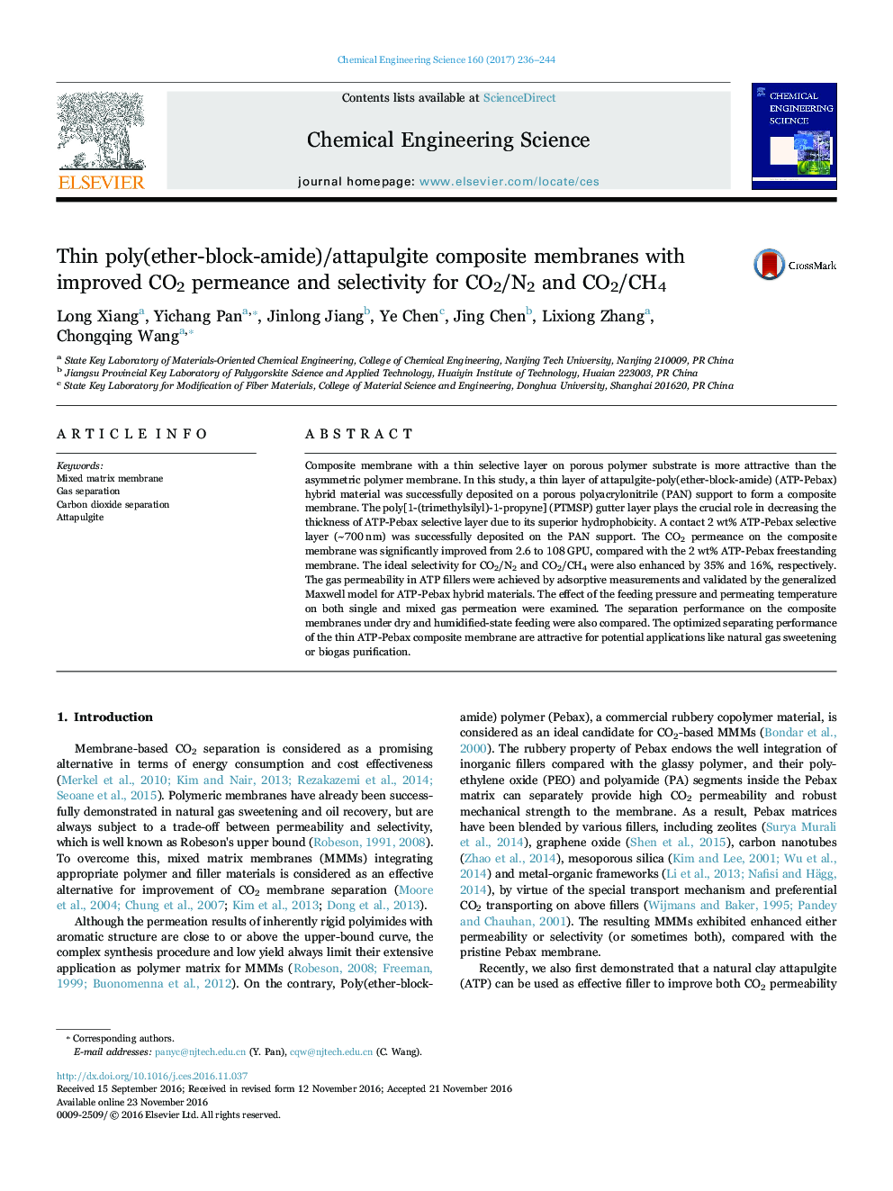 Thin poly(ether-block-amide)/attapulgite composite membranes with improved CO2 permeance and selectivity for CO2/N2 and CO2/CH4