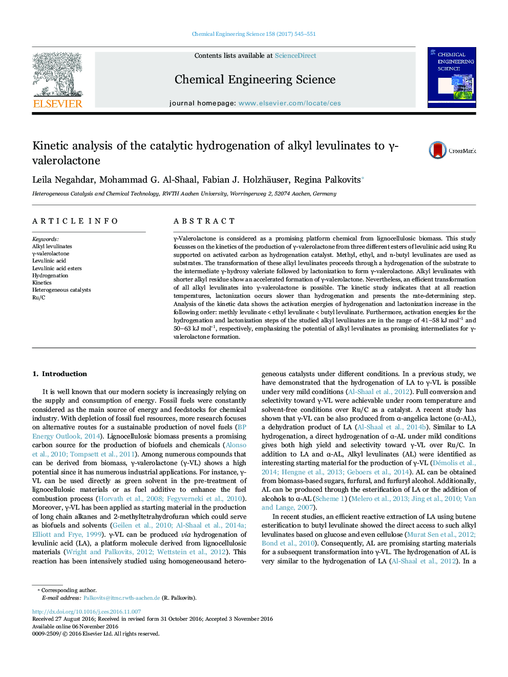 Kinetic analysis of the catalytic hydrogenation of alkyl levulinates to Î³-valerolactone